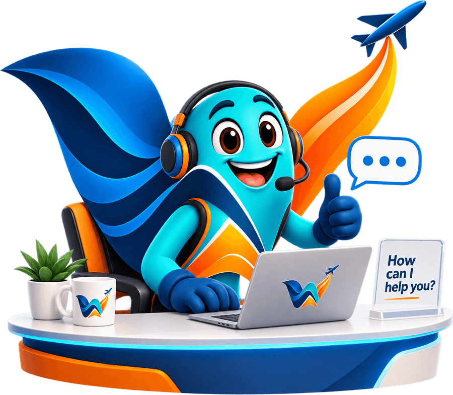 Fora, the Wanderfora mascot, at the help desk asking “How can I help you?”